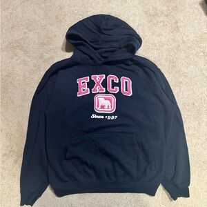Y2K EXCO Black Hoodie with Pink and White Logo